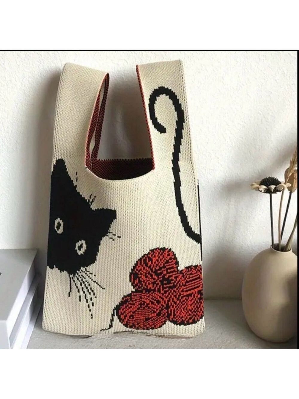 Heavy Woven Knit Cat Pattern Tote Purse Bag Japanese Knot Closure Style